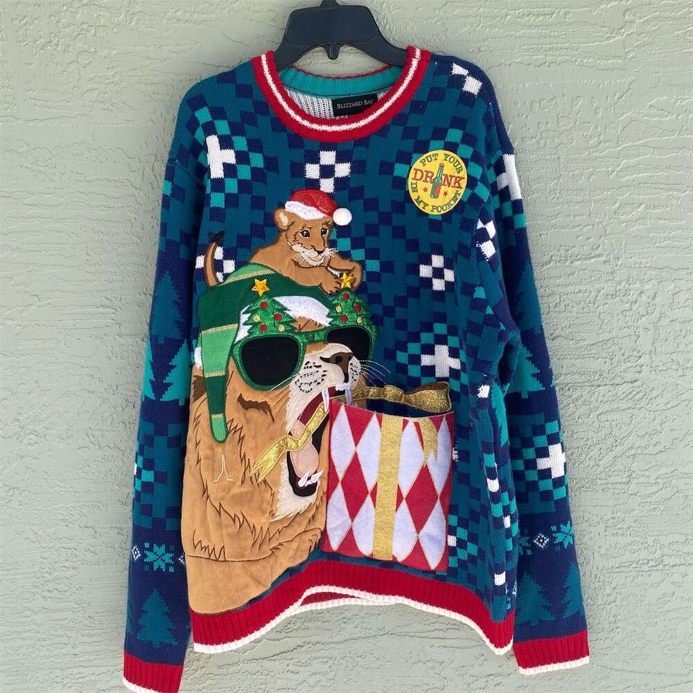 Blizzard Bay Men's Ugly Christmas Sweater Lion Design w/ Drink Pocket L